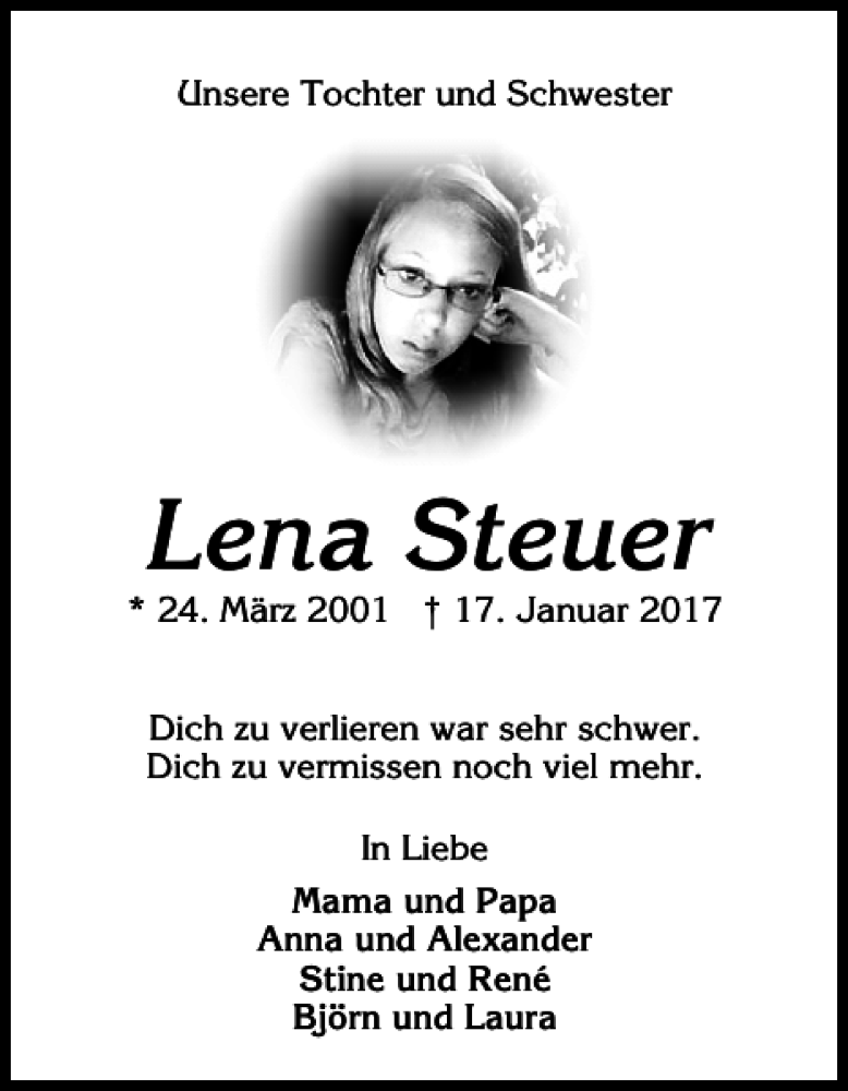  Traueranzeige für Lena Steuer vom 25.01.2017 aus Flensburger Tageblatt