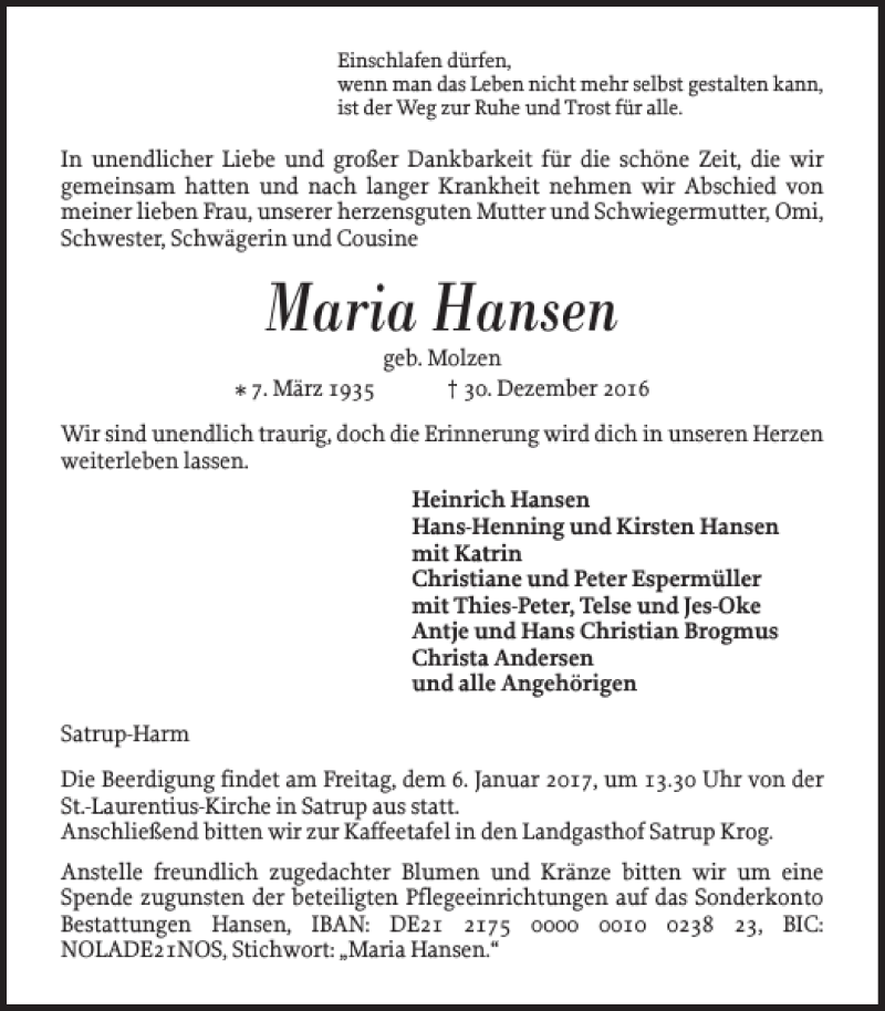  Traueranzeige für Maria Hansen vom 03.01.2017 aus Flensburger Tageblatt