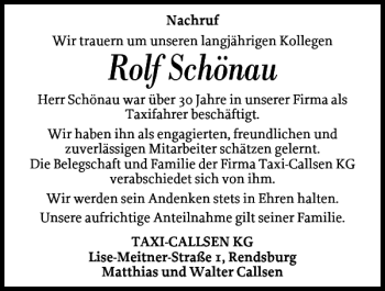 Traueranzeige von Rolf Schönau von Landeszeitung