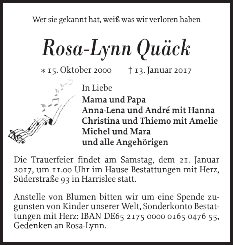  Traueranzeige für Rosa-Lynn Quäck vom 18.01.2017 aus Flensburger Tageblatt