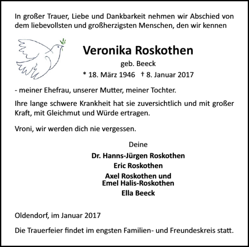  Traueranzeige für Veronika Roskothen vom 14.01.2017 aus Norddeutsche Rundschau
