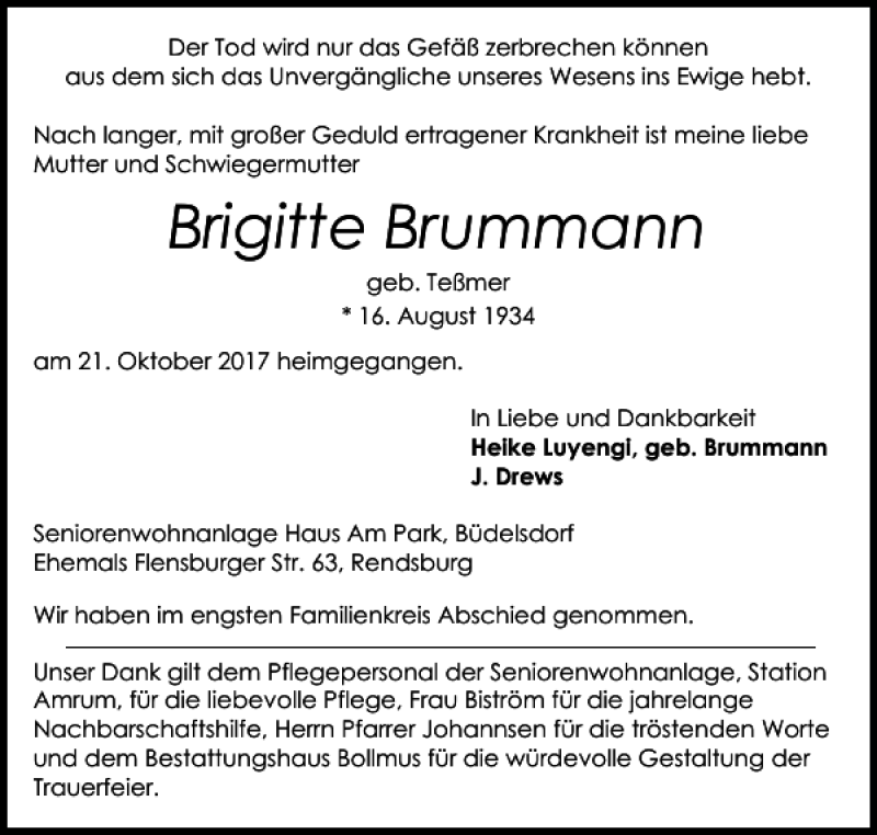  Traueranzeige für Brigitte Brummann vom 28.10.2017 aus Landeszeitung