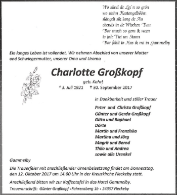 Traueranzeige von Charlotte Großkopf von Eckernförder Zeitung