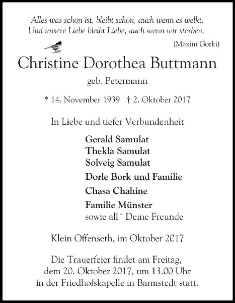  Traueranzeige für Christine Dorothea Buttmann vom 14.10.2017 aus Elmshorner Nachrichten