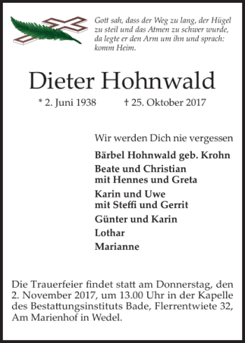 Traueranzeige von Dieter Hohnwald von Wedel-Schulauer Tageblatt