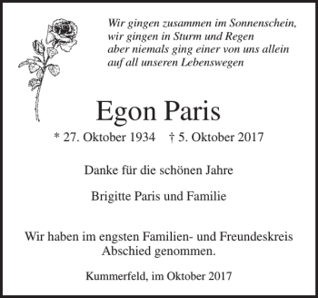 Traueranzeige von Egon Paris von Pinneberger Tageblatt