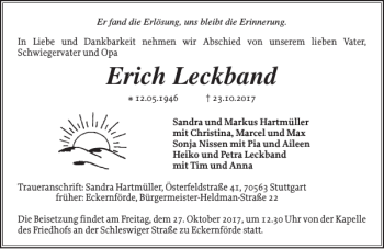 Traueranzeige von Erich Leckband von Eckernförder Zeitung