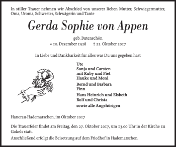 Traueranzeige von Gerda Sophie von Appen von Landeszeitung