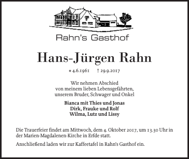  Traueranzeige für Hans-Jürgen Rahn vom 02.10.2017 aus Landeszeitung