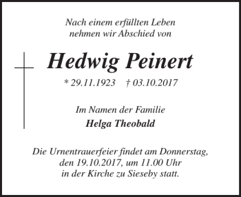 Traueranzeige von Hedwig Peinert von Eckernförder Zeitung
