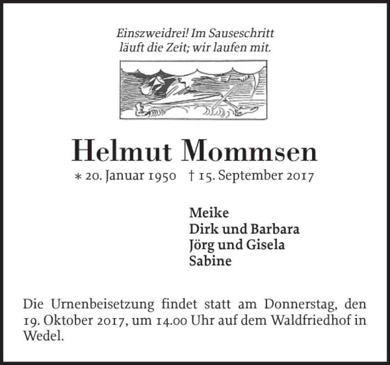  Traueranzeige für Helmut Mommsen vom 07.10.2017 aus Wedel-Schulauer Tageblatt
