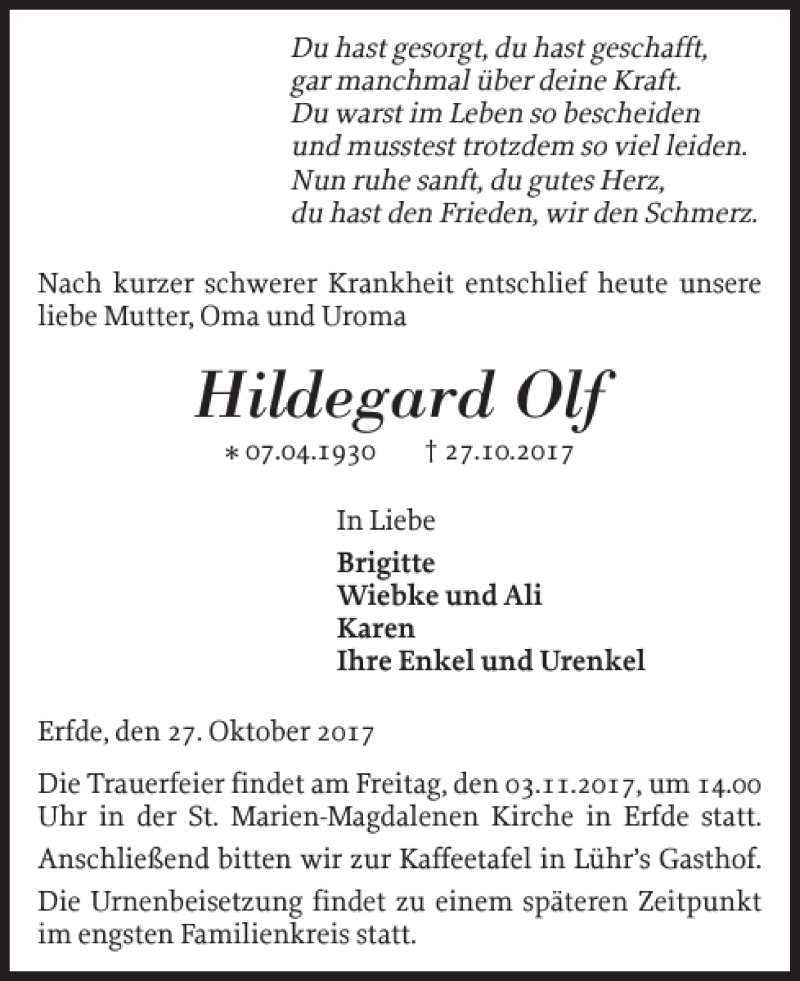  Traueranzeige für Hildegard Olf vom 30.10.2017 aus Landeszeitung