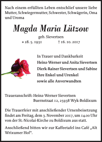 Traueranzeige von Magda Maria Lützow von Der Insel-Bote