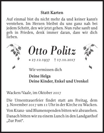 Traueranzeige von Otto Politz von Norddeutsche Rundschau