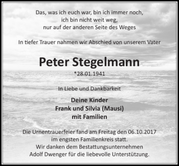 Traueranzeige von Peter Stegelmann von Stormarner Tageblatt