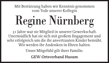 Traueranzeige von Regine Nürnberg von Husumer Nachrichten