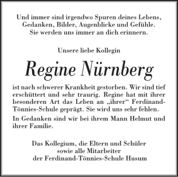 Traueranzeige von Regine Nürnberg von Husumer Nachrichten