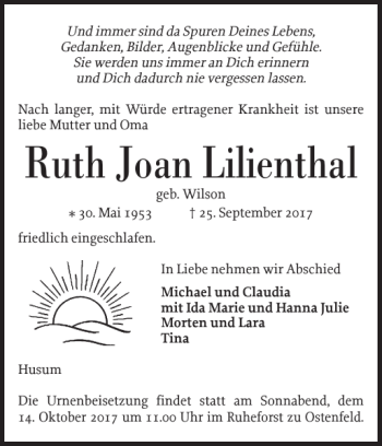 Traueranzeige von Ruth Joan Lilienthal von Husumer Nachrichten