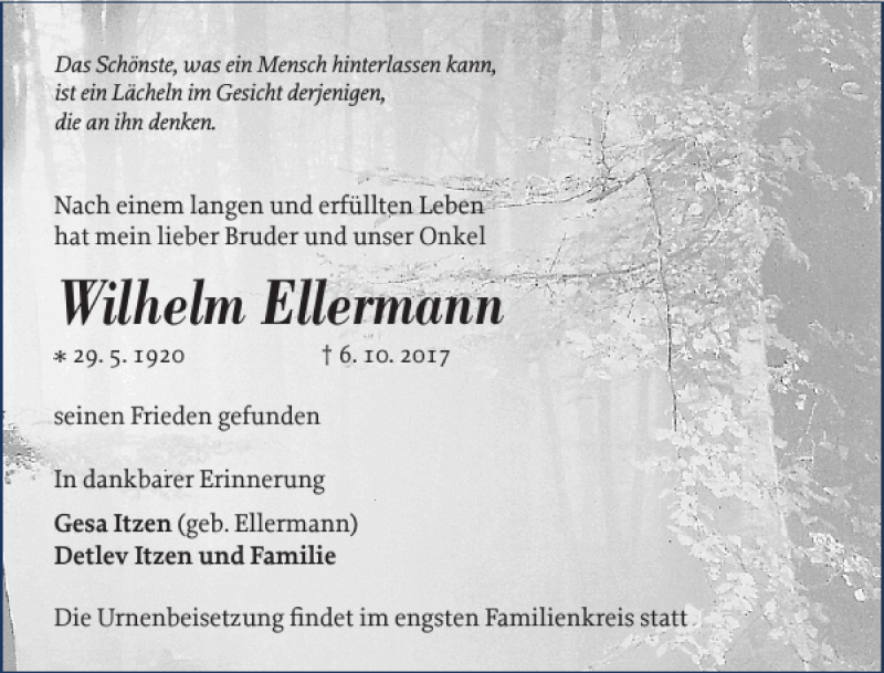  Traueranzeige für Wilhelm Ellermann vom 14.10.2017 aus Der Insel-Bote