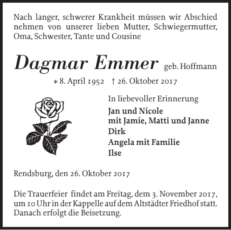  Traueranzeige für Dagmar Emmer vom 01.11.2017 aus Landeszeitung