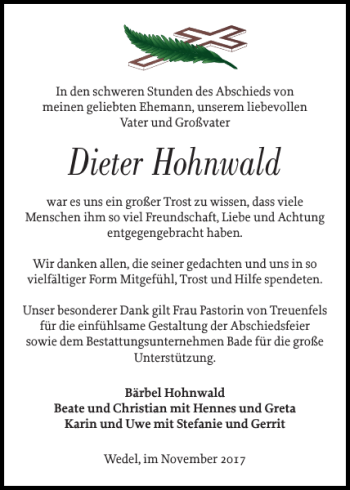 Traueranzeige von Dieter Hohnwald von Wedel-Schulauer Tageblatt