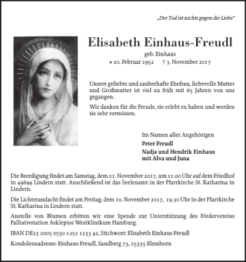 Traueranzeige von Elisabeth Einhaus-Freudl von Elmshorner Nachrichten