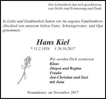 Traueranzeige von Hans Kiel von Holsteinischer Courier