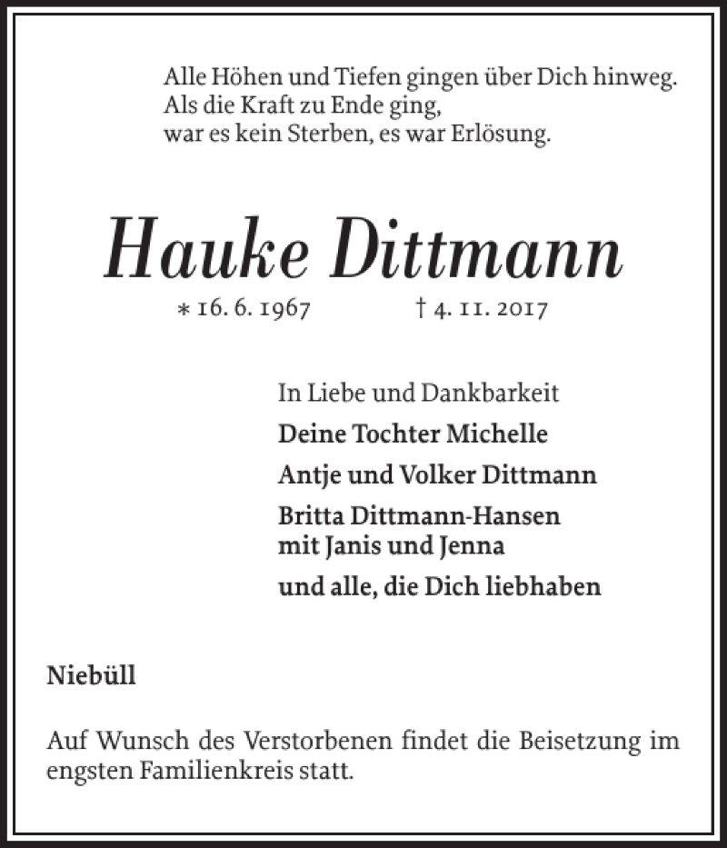  Traueranzeige für Hauke Dittmann vom 07.11.2017 aus Nordfriesland Tageblatt