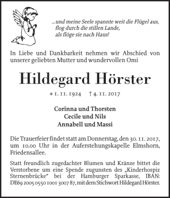 Traueranzeige von Hildegard Hörster von Elmshorner Nachrichten