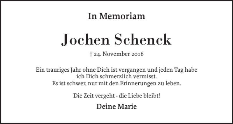  Traueranzeige für Jochen Schenck vom 25.11.2017 aus Elmshorner Nachrichten