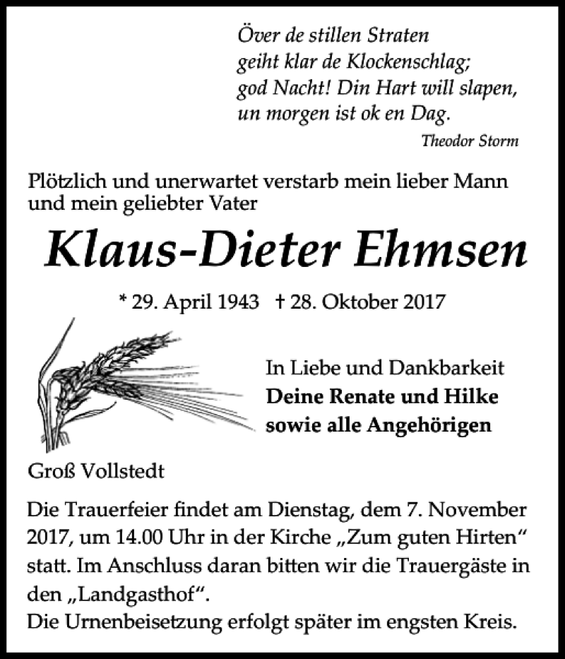  Traueranzeige für Klaus-Dieter Ehmsen vom 01.11.2017 aus Landeszeitung