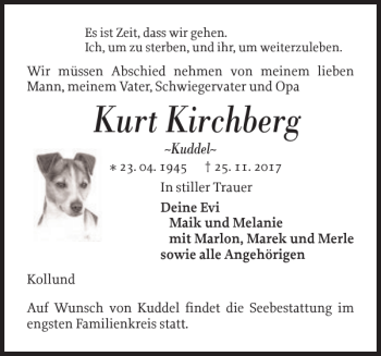 Traueranzeige von Kurt Kirchberg von Husumer Nachrichten
