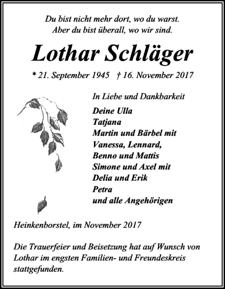  Traueranzeige für Lothar Schläger vom 25.11.2017 aus Landeszeitung