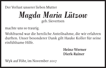 Traueranzeige von Magda Maria Lützow von Der Insel-Bote