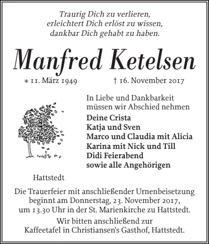  Traueranzeige für Manfred Ketelsen vom 18.11.2017 aus Husumer Nachrichten
