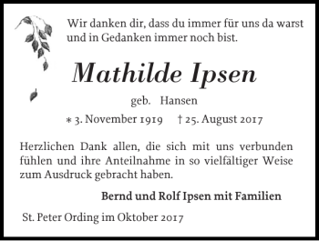 Traueranzeige von Mathilde Ipsen Mathilde Ipsen von Husumer Nachrichten