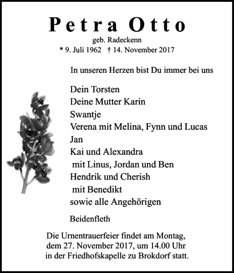  Traueranzeige für Petra Otto vom 18.11.2017 aus Norddeutsche Rundschau