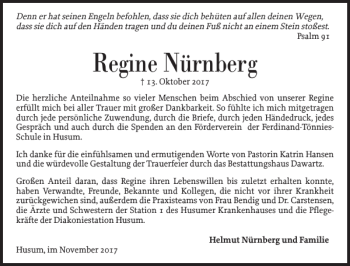 Traueranzeige von Regine Nürnberg von Husumer Nachrichten