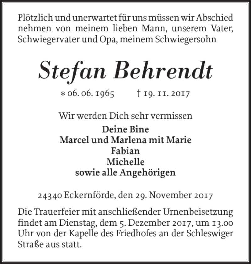  Traueranzeige für Stefan Behrendt vom 29.11.2017 aus Eckernförder Zeitung