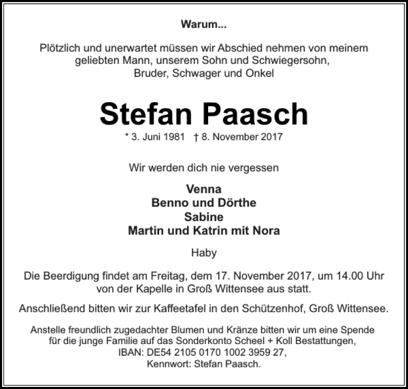  Traueranzeige für Stefan Paasch vom 13.11.2017 aus Eckernförder Zeitung