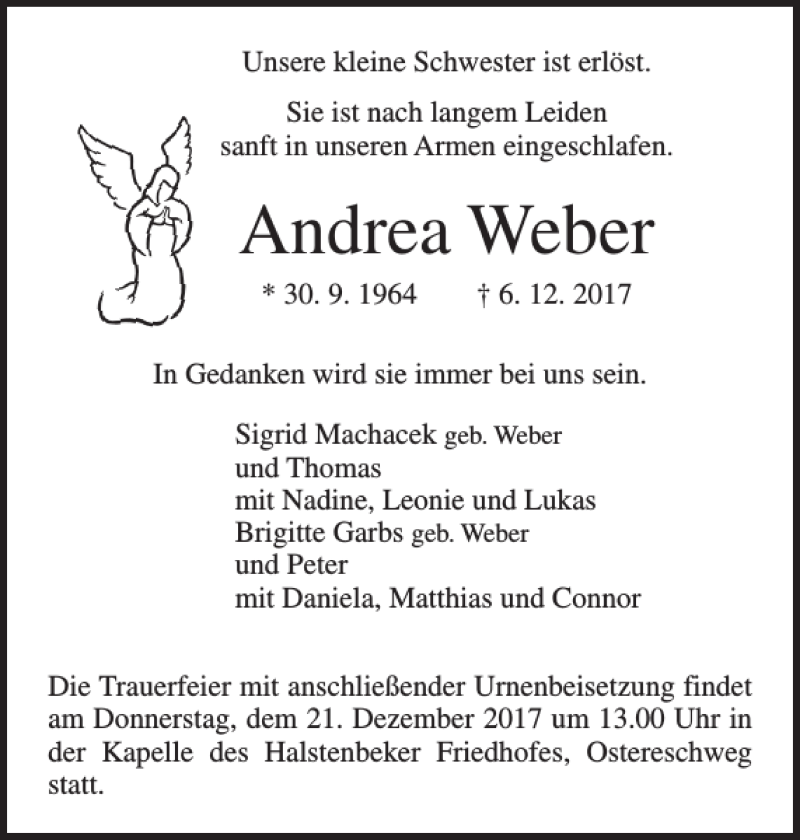  Traueranzeige für Andrea Weber vom 16.12.2017 aus Pinneberger Tageblatt