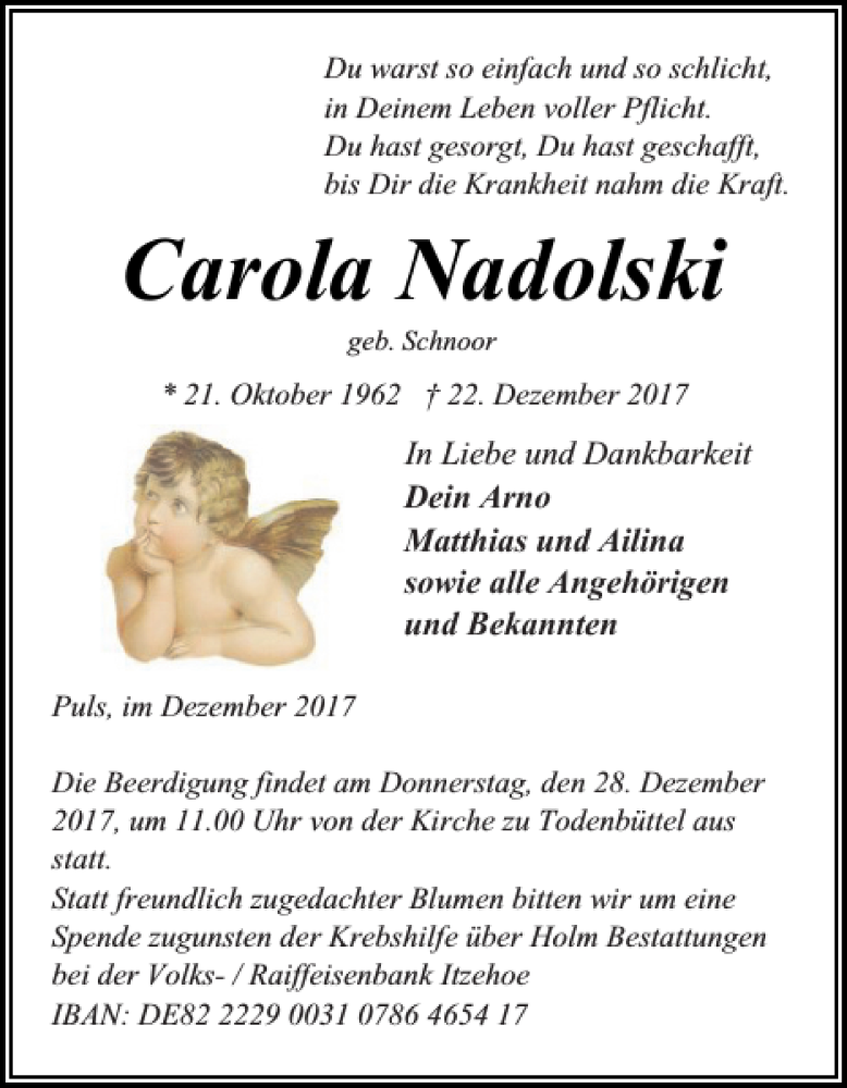  Traueranzeige für Carola Nadolski vom 27.12.2017 aus Landeszeitung