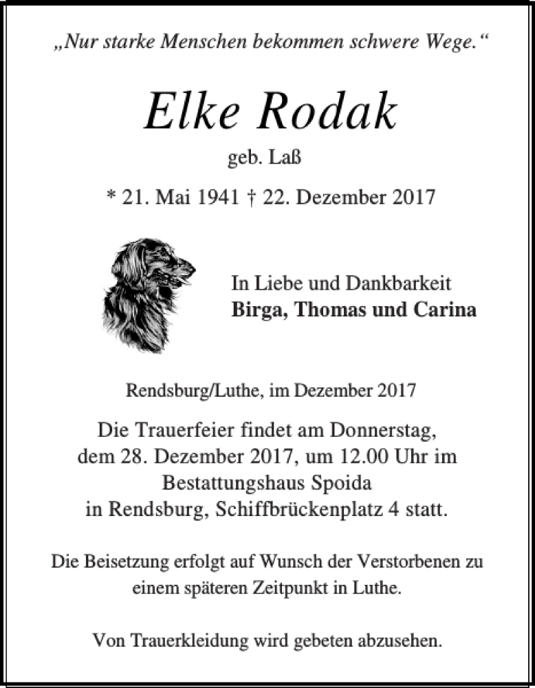  Traueranzeige für Elke Rodak vom 27.12.2017 aus Landeszeitung