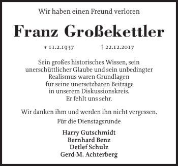 Traueranzeige von Franz Großekettler von Holsteinischer Courier
