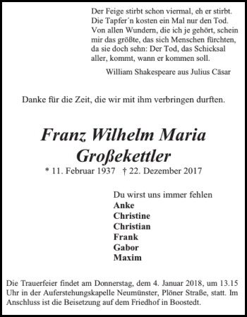 Traueranzeige von Franz Wilhelm Maria Großekettler von Holsteinischer Courier