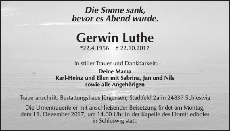  Traueranzeige für Gerwin Luthe vom 02.12.2017 aus Schleswiger Nachrichten