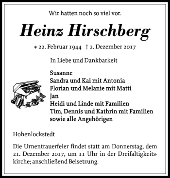Traueranzeige von Heinz Hirschberg von Norddeutsche Rundschau