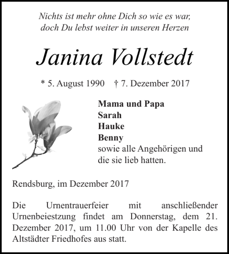  Traueranzeige für Janina Vollstedt vom 16.12.2017 aus Landeszeitung