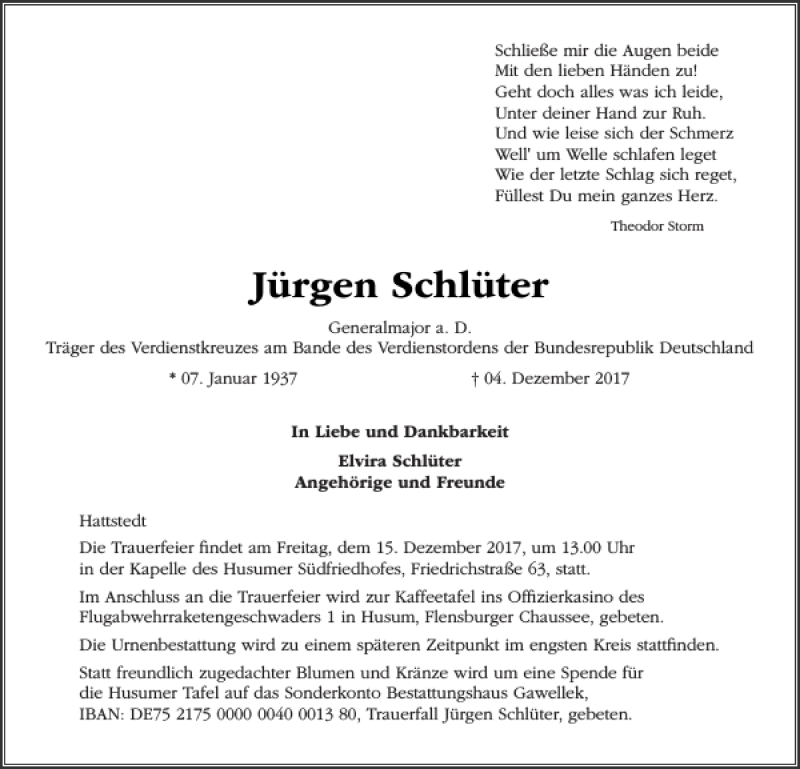  Traueranzeige für Jürgen Schlüter vom 09.12.2017 aus Husumer Nachrichten