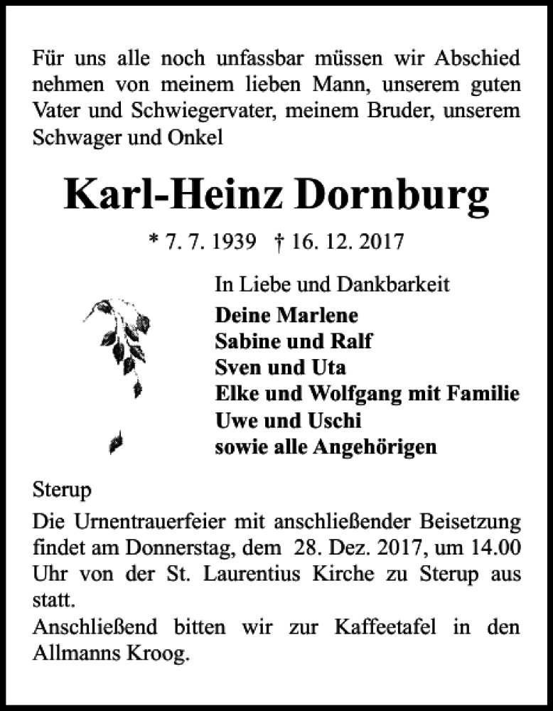  Traueranzeige für Karl-Heinz Dornburg vom 23.12.2017 aus Flensburger Tageblatt